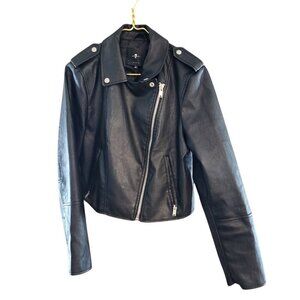 7 For All Mankind Black Faux Leather Side Zip Cropped Moto Jacket Size Large